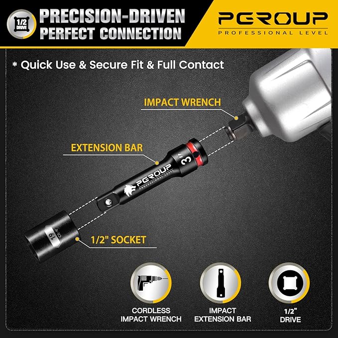 1/2-Inch Drive Impact Extension Bar Set | 3 Piece Socket Extensions 3" 6" & 10" Long | Premium CR-MO Steel with Deep Embossed and Painted Marking