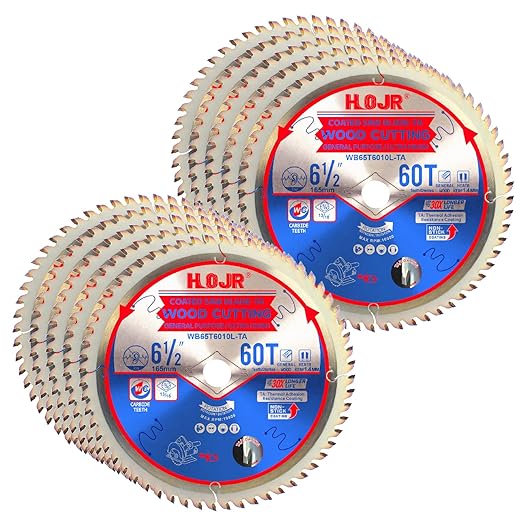10-Pack 6-1/2" 60-Tooth 5/8" Arbor Woodworking Circular Saw Blade,Ultra Finish/General Purpose,Special Anti-Thermal Adhesion Coating on Cutting Edge-TA,High Finish, Long Life,6-1/2" 60T 5/8"