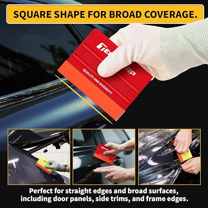 TECKWRAP Felt Squeegee for Vinyl Wrap, 2 Hardness Options Vinyl Scraper Tool with Anti-Slip Twin Ribs & Dual-Corner Design for PPF, Tint & Decals (Yellow 40A / Red 60A)