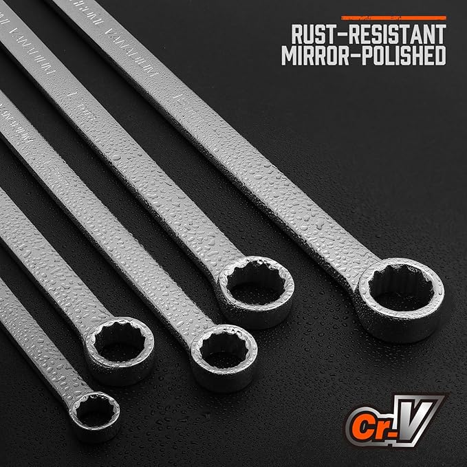 HORUSDY 8-Piece Extra Long Double Box-End Wrench Set, 12-Point Metric 8??4 mm, CR-V Steel, 15째 Offset, Off-Corner Loading, with EVA Foam Organizer