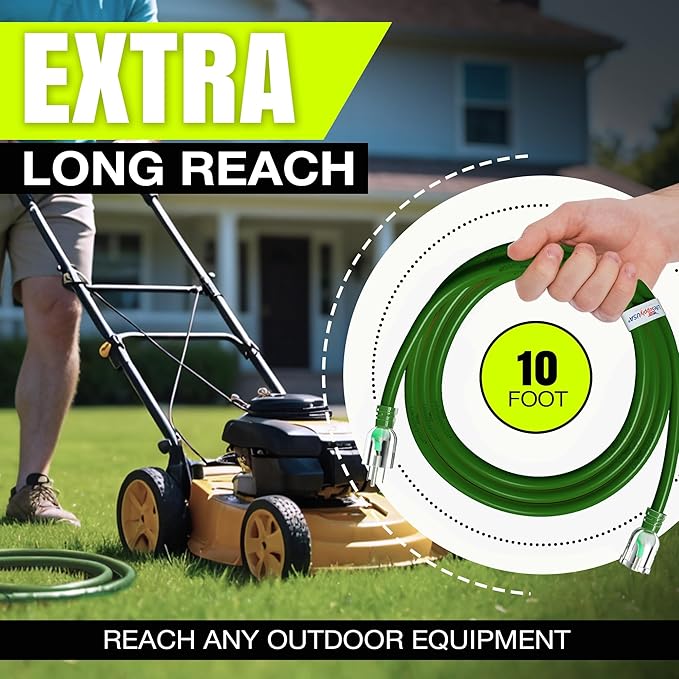 10ft Outdoor/Indoor Extension Cord 16/3 Gauge Heavy Duty 3 Prong SJTW, Waterproof, Flexible Cold-Resistant Long Power Cord,13A 125V 1625W, Green by LifeSupplyUSA