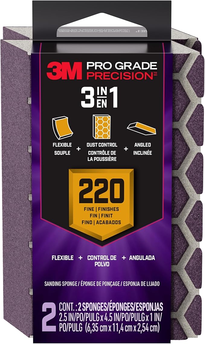 3M Pro Grade Precision 3-in-1 Sanding Sponge, 220 Grit Fine, 2 Sponges, Washable & Reusable, for Wood, Metal, Drywall, and Paint Prep ??Flexible Foam, Contoured, Angled, Flat