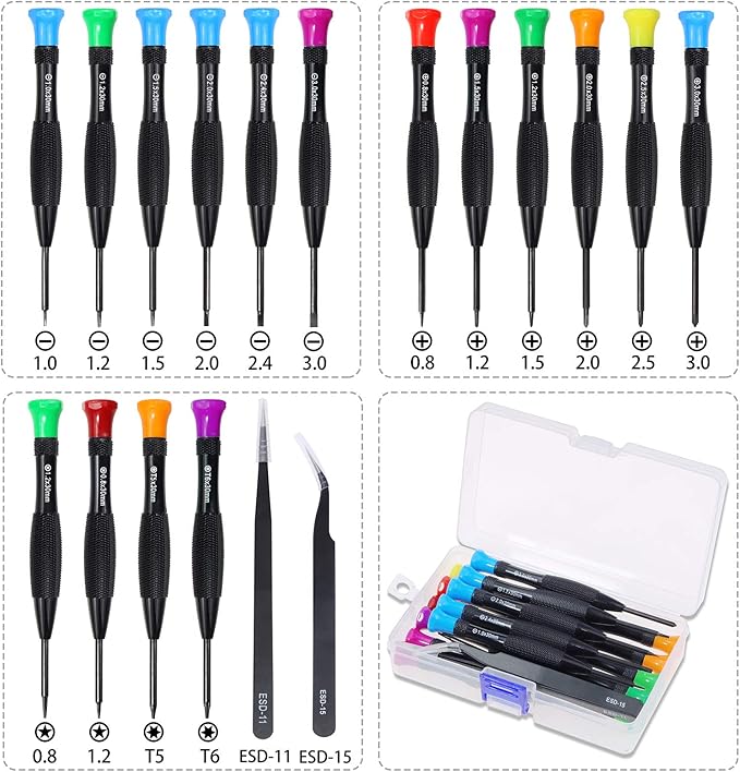 18-Piece Magnetic Screwdriver Set with Flathead, Phillips, Pentalobe, Torx, Star Screwdrivers, Tweezers in Different Sizes and Colors for Repairing Eyeglass, Phone, Watch