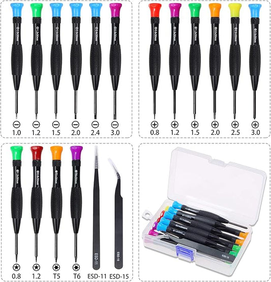 18-Piece Magnetic Screwdriver Set with Flathead, Phillips, Pentalobe, Torx, Star Screwdrivers, Tweezers in Different Sizes and Colors for Repairing Eyeglass, Phone, Watch