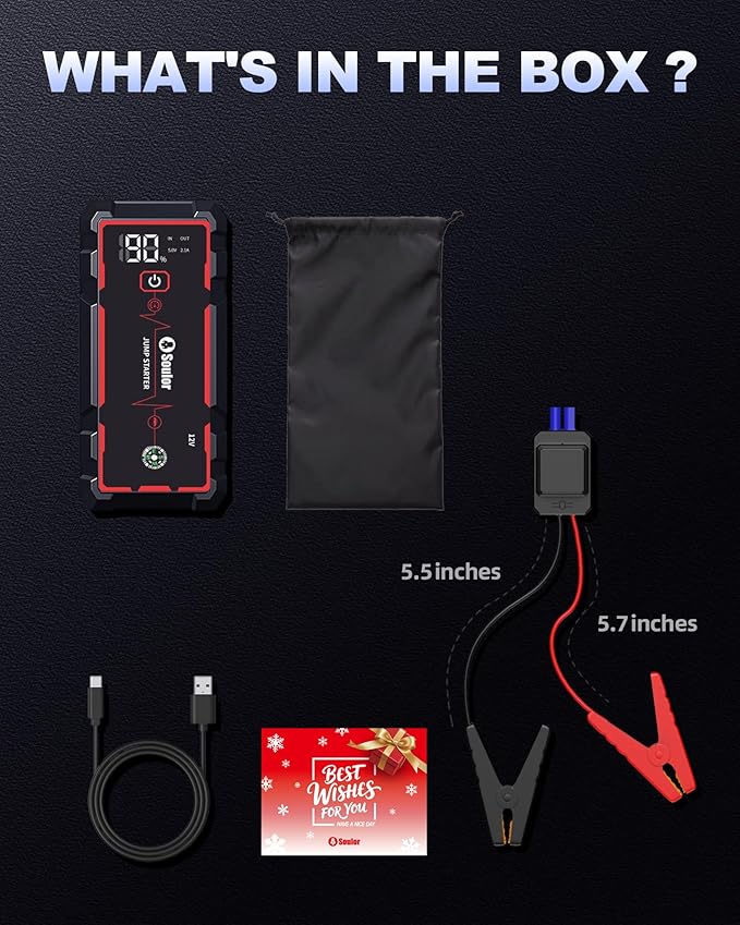 5000A Jump Starter Car Battery Jumper Starter Portable with Jumper Cable, Quick Charge Power Bank, 3 Modes Flashlight, Compass