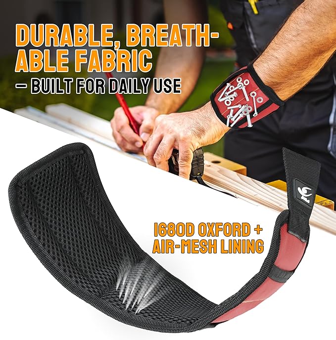 HiRui Magnetic Wristband for Tools ??Ultra-Strong 15 Neodymium Magnets Hold Screws, Nails & Bits, Dual Pockets ??Hands?멑ree for DIY, Home Repairs, Auto ??Gift?멢eady for Dad, Husband, Grandpa (Red)