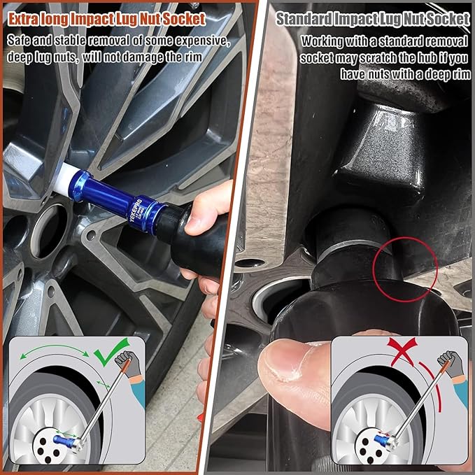 Greywolf 1/2 Inch Drive Nut Socket Set, 3 pcs Wheel Nut Socket Set, Score Nut Thin Wall Wheel Impact Deep Socket Set, Extra Long 150mm Deep Socket for Wheel Nut Remover, Metric Sizes 17 19 21mm