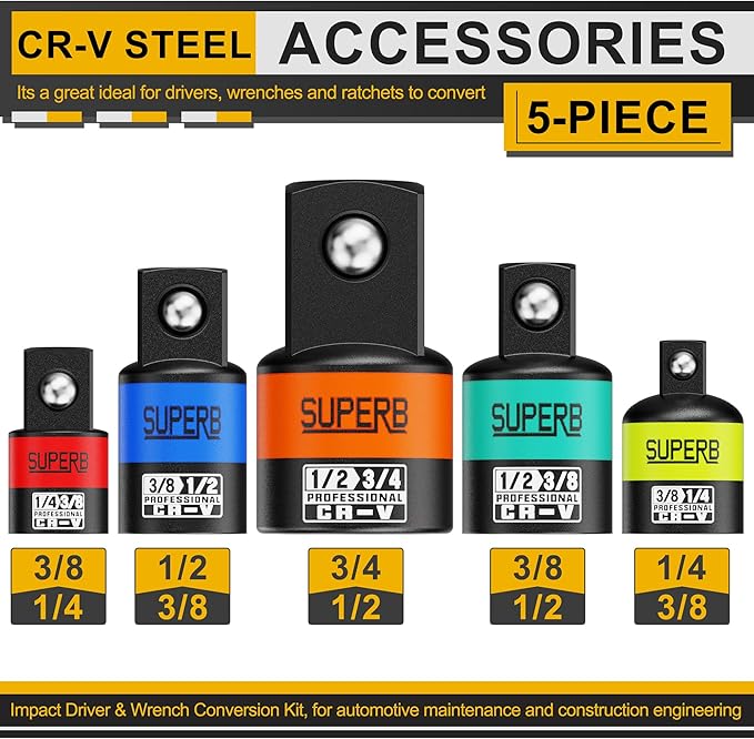 5-Piece Impact Socket Adapter Set, 1/4", 3/8", 1/2" Socket Converter&Reducer, Cr-V Steel, Impact Driver & Wrench Conversion Kit, for Automotive Maintenance and Construction Engineering