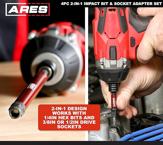 ARES 22028 ??2-in-1 Impact Bit and Socket Adapter Set ??3-Inch and 8-Inch Adapters - Unique Design Holds Standard 1/4-Inch Hex Bits and 3/8-Inch Drive Sockets ??Spinning Sleeve Stabilizes Adapter
