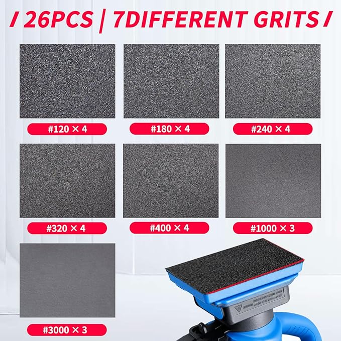 26PCS Sanding Sponge, Washable and Reusable Sanding Blocks, Hook & Loop Wet Dry Sandpaper Block for Drywall Metal Wood Furniture and Model Polishing, 120-3000 Grit Sand Paper Assortment Pack