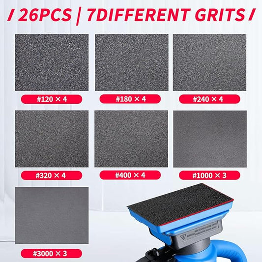 26PCS Sanding Sponge, Washable and Reusable Sanding Blocks, Hook & Loop Wet Dry Sandpaper Block for Drywall Metal Wood Furniture and Model Polishing, 120-3000 Grit Sand Paper Assortment Pack