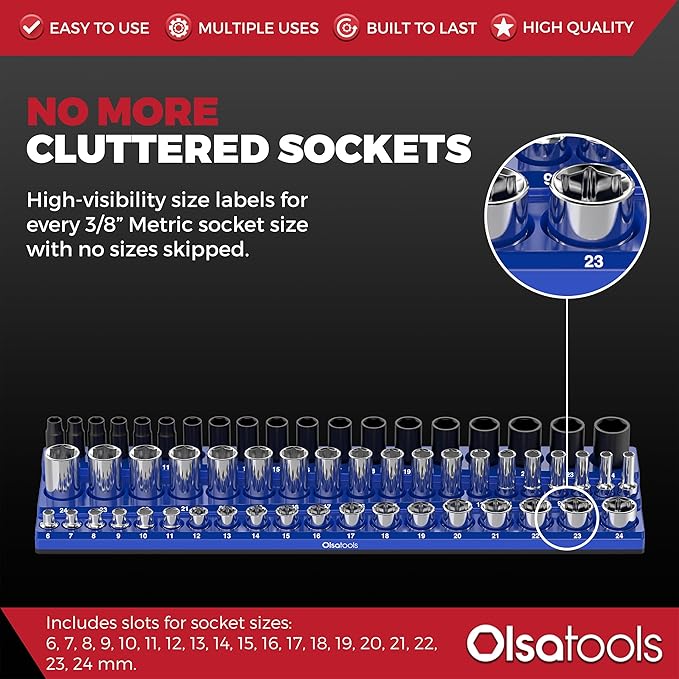 Olsa Tools Magnetic Socket Organizer (3/8-Inch Drive, 3 Row) - Magnetic Tool Organizer & Socket Holder - Tool Box Socket Organizers - Metric Blue - Holds 54 Sockets - Professional Grade - Part: 1556