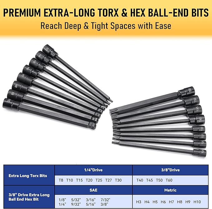 107-Piece Master Torx & Allen Bit Socket Set, S2 Steel, 1/4" 3/8" 1/2" Drive, Long Torx, Ball End Hex, Tamper-Resistant Star, E-Star Sockets, SAE & Metric (Phosphate-Black Set)