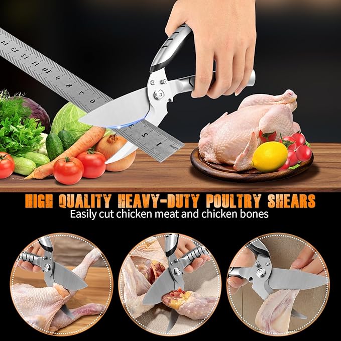 Heavy Duty Poultry Shears竊똊itchen scissors heavy duty with Serrated Edge,Chicken shears,Meat scissors heavy duty 竊똅or Cutting Bone, Turkey, Fish 竊똕eafood竊똃ishwasher Safe竊똲ilver