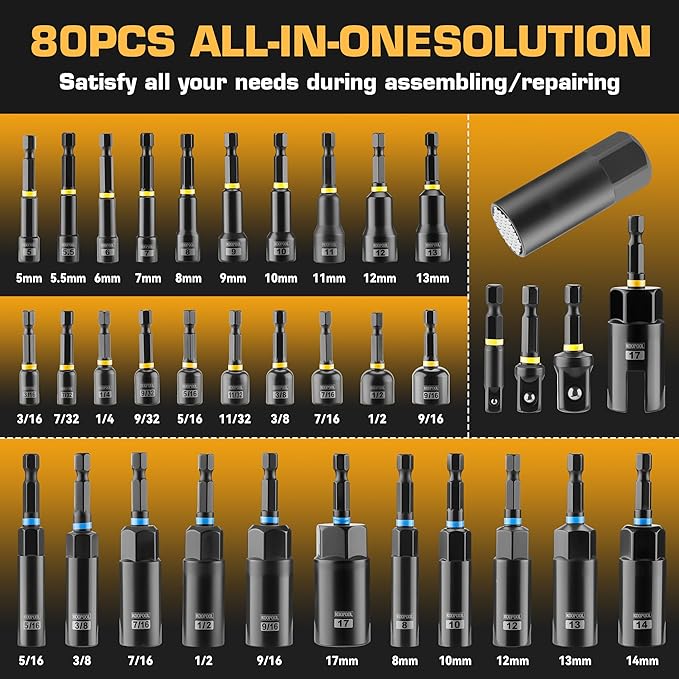Magnetic Impact Nut Driver Set, Metric & SAE Driver Bit Set with Socket Adapters, Bit Holder, Wing Nut Driver, Universal Sockets, Quick Release Extension, Power Bits