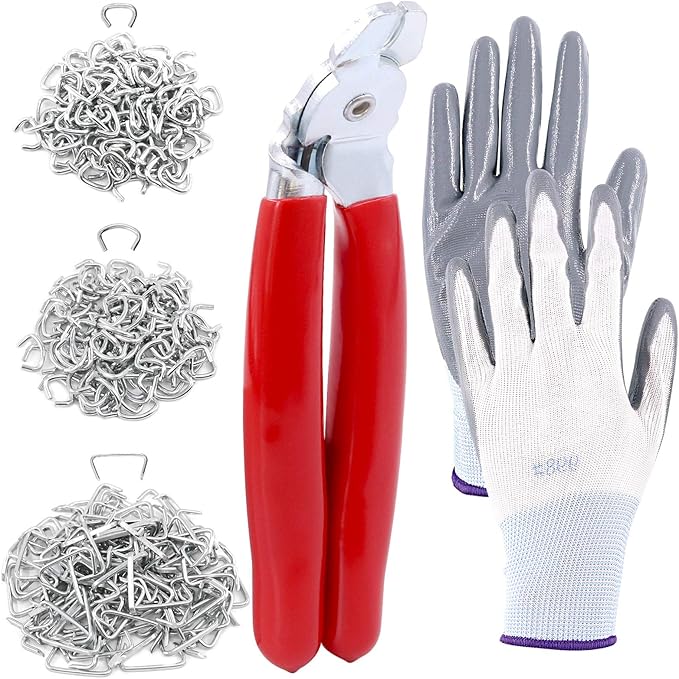 Hilitchi 360Pcs Galvanized Hog Rings with Angled Head Hog Ring Pliers and Protective Gloves Set Professional Upholstery Installation Tool for Bungee Shock Cords Animal Pet Cages Bagging and More