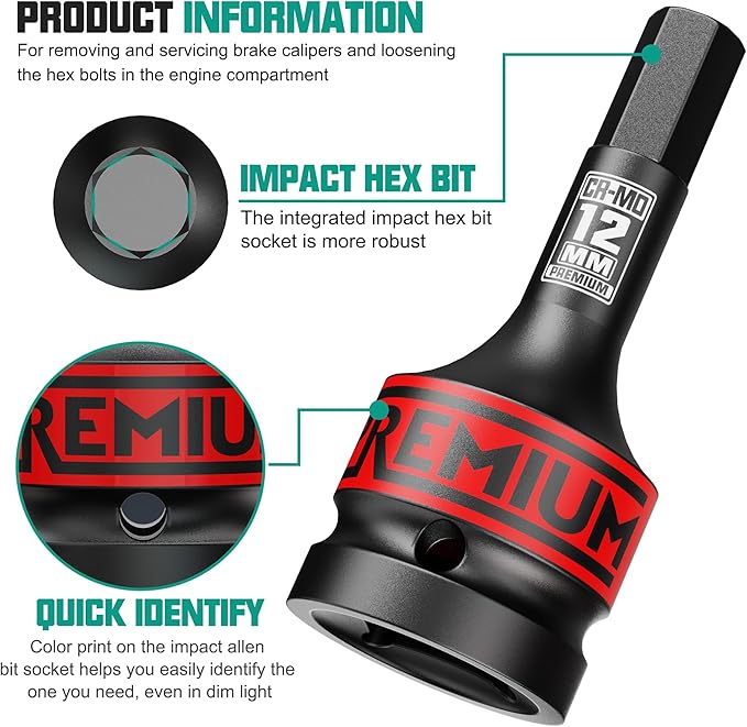 3/4" Drive H12 Impact Hex Bit Socket, 12 mm Allen Bit Socket, Metric, Cr-Mo Steel, Car Maintenance, Furniture Installation, Mechanic Use
