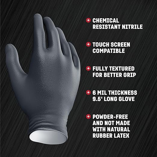Venom Steel Industrial Nitrile Gloves, Chemical Resistant Disposable Black Gloves, Latex-Free, Powder-Free, Textured Grip, Heavy Duty Two-Layer Protection, 6 mil,Medium, 100 Count