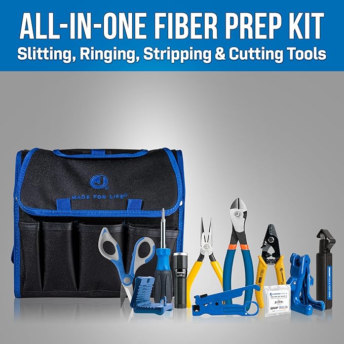 Jonard Tools TK-120 Fiber Prep Kit - 12 Piece Fiber Optic Cable Access and Termination Tools Set with Stripping, Ringing, and Cutting Tools