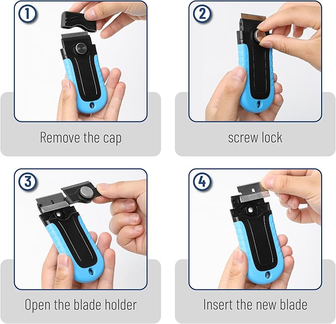 Bates- Razor Blade Scraper, Blue, Locking Razor Scraper Set with 10 Extra Stainless Steel Blades, Window Scraper, Scraper Tool, Glass Scraper, Scraper Blades, Paint Scraper Blade Scraper for Cleaning