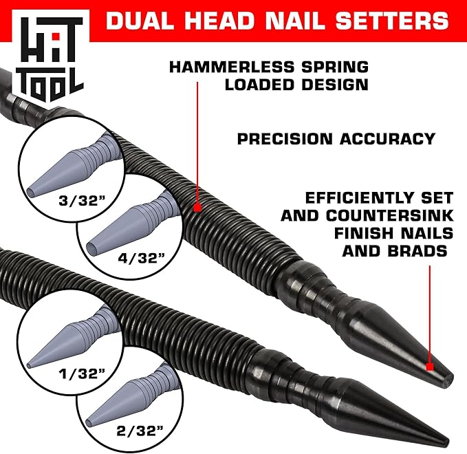 HIT Tool Pro Finish Kit includes 1/32"(#1), 2/32"(#2), 3/32"(#3), 4/32"(#4) Combination Nail Setters (2 Piece) Hammerless Spring Punch Set