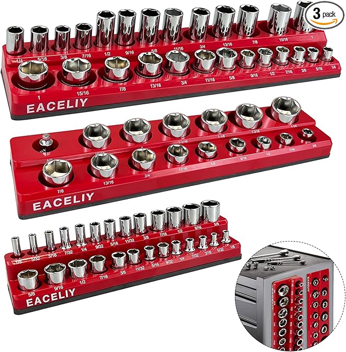 3Pcs 1/2", 1/4" and 3/8" Magnetic Socket Organizer Set,SAE Socket Holder Kit, Socket Trays竊똦olds 68 Deep and Shallow 3/8" Sockets(sockets not included)