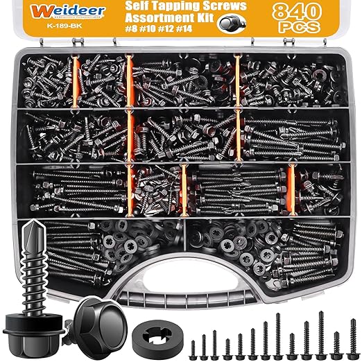 weideer 840pcs #8#10#12#14 Self Tapping Screws for Metal,410 Stainless Steel Screws Assortment Kit, Black Hex Washer Head Quick Tapping Screw with Rubber Washer (420 Sets) K-189-BK