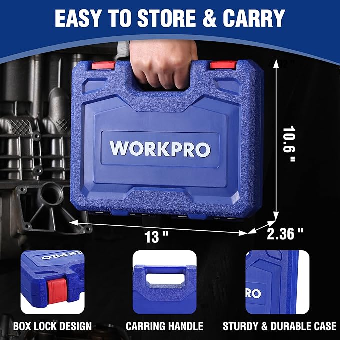 WORKPRO 20-Piece 1/2竊?Drive Deep Impact Socket Set, 6-Point, Cr-V Steel, 10-27mm, Universal Joint, Adapter and Extension Bar, SAE