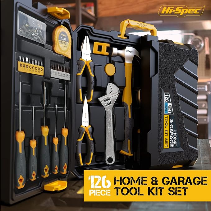 Hi-Spec 126pc Home Garage Mechanics DIY Tool Kit Set. Complete Handyman Auto, Car, Bike and Household Repairs Tool Box Set