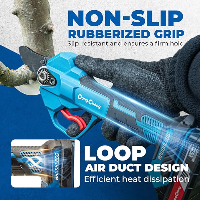 Dong Cheng 20V Brushless Electric Pruning Shears, 4 Cutting Levels up to 35 mm, Professional Brushless Motor, 2.0 Ah Battery, 2 A Charger, SK5 Blade ??For Fruit Trees, Gardening