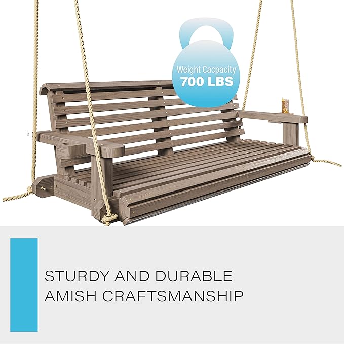 Porchgate Amish Heavy Duty 800 Lb Roll Comfort Treated Porch Swing W/Ropes (4 Foot, Warm Walnut Stain)