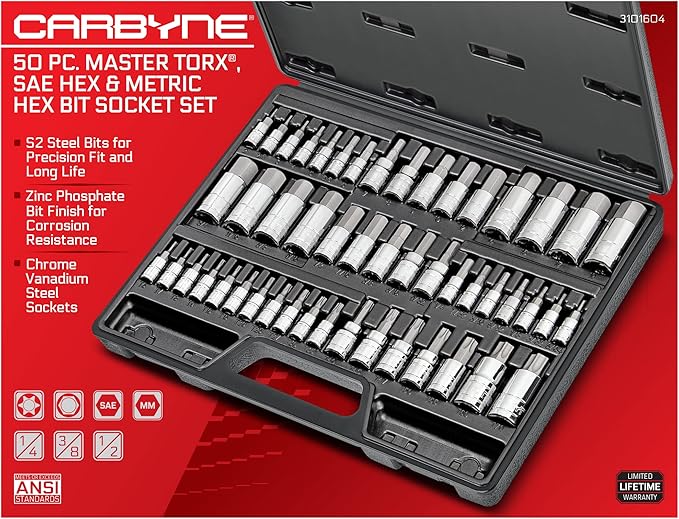 CARBYNE 50-Piece Master Torx, SAE & Metric Hex Bit (Allen) Socket Set | S2 Steel Bits, Cr-V Steel Sockets, Durable Storage Case. Torx: T6 to T70, Metric Hex: 2mm to 19mm, SAE Hex: 5/64 in. to 3/4 in.