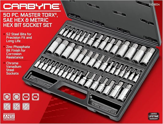 CARBYNE 50-Piece Master Torx, SAE & Metric Hex Bit (Allen) Socket Set | S2 Steel Bits, Cr-V Steel Sockets, Durable Storage Case. Torx: T6 to T70, Metric Hex: 2mm to 19mm, SAE Hex: 5/64 in. to 3/4 in.