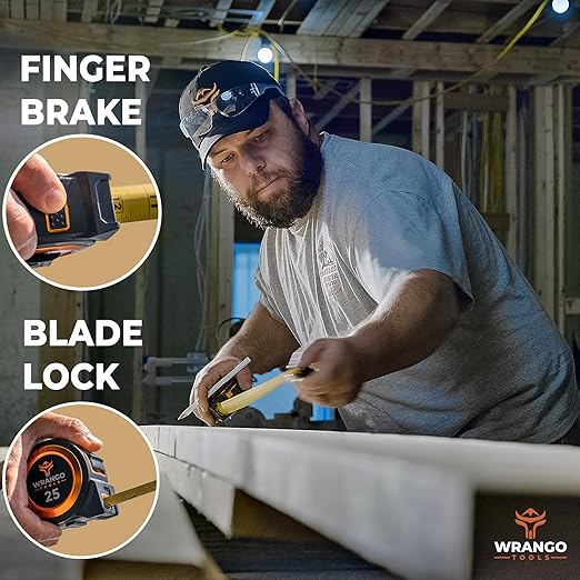 Wrango Tools 30 FT Tape Measure - Retractable Measuring Tape - Oversized & Double-Sided Print - Blade Lock, Finger Brake - High Performance Nylon Coating, 10' Stand-Out - 13' Reach / 1-1/16" Blade