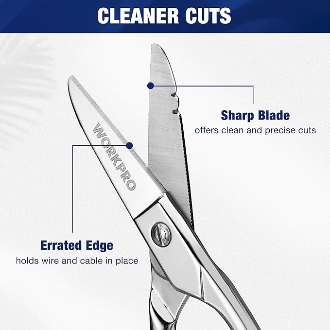 WORKPRO Electrician Scissors, 5-1/5 Inch Heavy Duty Scissors, Nickel-Plated Stainless Steel Snips with 19&23 Stripping Notches for Telecom and Electrical Work