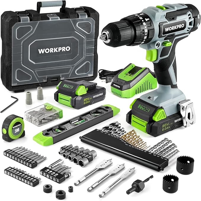 WORKPRO 20V Max Cordless Drill Driver Set, Electric Power Impact Drill Tool with 100 Pieces Accessories, 1/2'' Chuck Impact Drill Kit with Portable Case, 2 x 2.0Ah Li-ion Batteries with Fast Charger