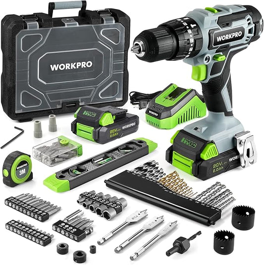 WORKPRO 20V Max Cordless Drill Driver Set, Electric Power Impact Drill Tool with 100 Pieces Accessories, 1/2'' Chuck Impact Drill Kit with Portable Case, 2 x 2.0Ah Li-ion Batteries with Fast Charger