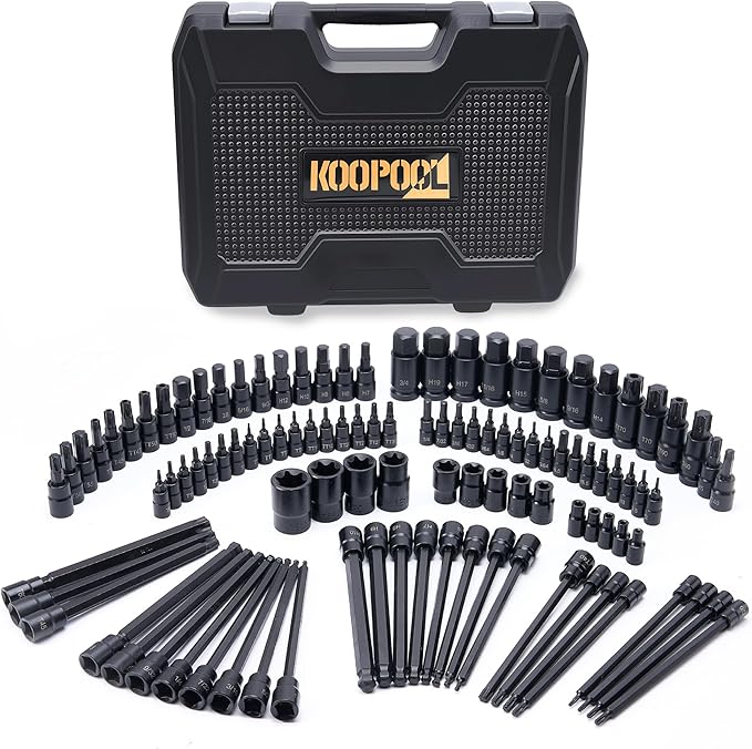 107-Piece Master Torx & Allen Bit Socket Set, S2 Steel, 1/4" 3/8" 1/2" Drive, Long Torx, Ball End Hex, Tamper-Resistant Star, E-Star Sockets, SAE & Metric (Phosphate-Black Set)