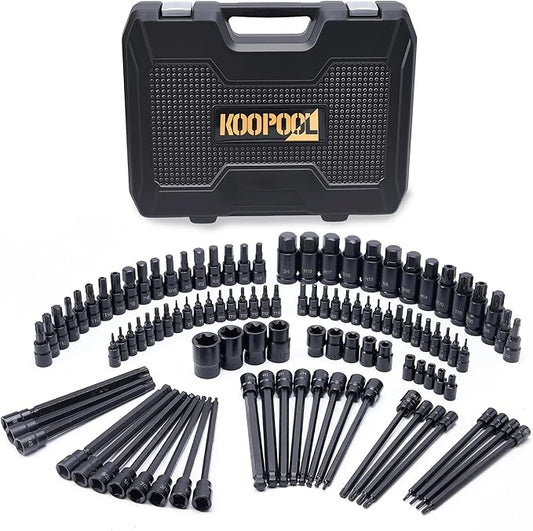 107-Piece Master Torx & Allen Bit Socket Set, S2 Steel, 1/4" 3/8" 1/2" Drive, Long Torx, Ball End Hex, Tamper-Resistant Star, E-Star Sockets, SAE & Metric (Phosphate-Black Set)