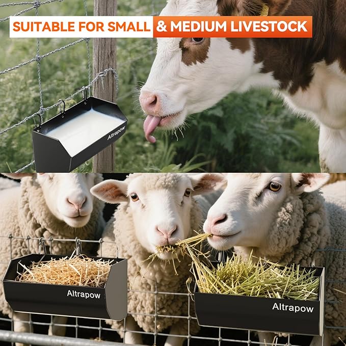 4.5 Quart Hanging Goat Feeder [Material of Metal] with Clips and Nylon Tie Wraps, Fence Feeder [Sturdy and Durable] for Goat, Pig and Dog, Black, 4 Pack