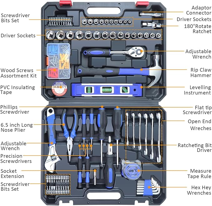 jar-owl Home Tool Kit Tool Set 146 Pieces Metric Household Hand Tool Kit竊똀uto Repair Tool Set with Portable Toolbox for Homeowner, Diyer, Handyman