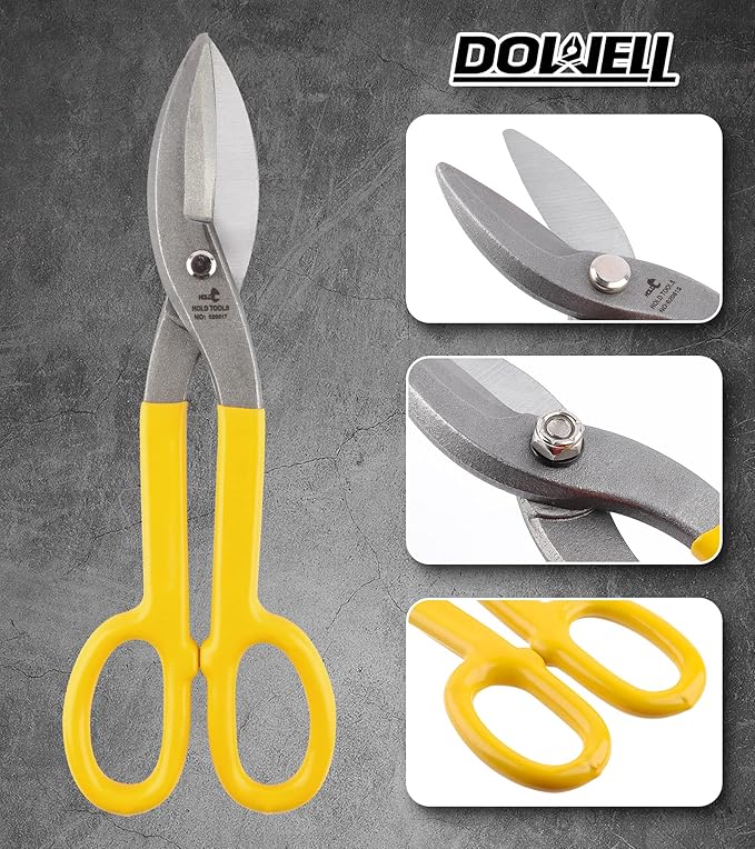 DOWELL 12??Tin Snips Metal Cutters with Flat Blade, with Comfortable Yellow Rubber Handle for DIY Handyman,Roofers, Mechanics, Homeowners