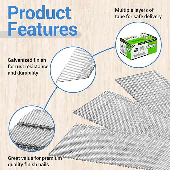 meite 15 Gauge Finish Nails 1-3/4-Inch 34 Degree Angled Galvanized Finishing Nails for Electric or Pneumatic Nailer Gun - No-Rust DA Nail for Cabinet Building Window Trim Fine Woodworking, 2000PCS