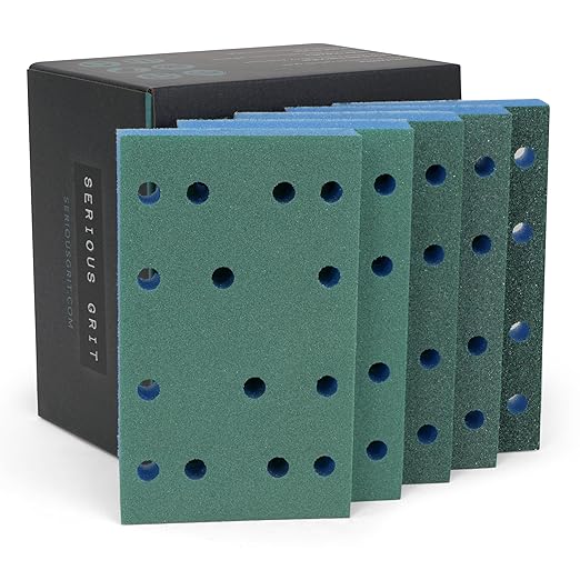 Serious Grit - 3" x 5" (80x133mm) Foam Sanding Pads - P120-600 Assorted Finish Grit - 1/2" Thick Low Density Foam - Hook & Loop - Fits Festool RTS 400 & Mirka DEOS 3x5 Sanders ??Made in USA ??10 Pack