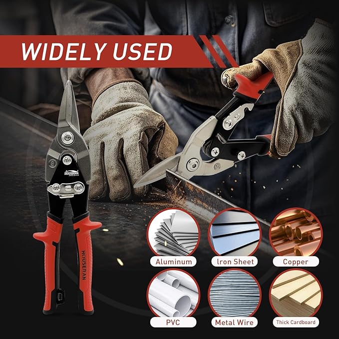 10 Inch Aviation Tin Snips, Regular Straight Cut, Heavy Duty CR-MO Metal Cutter with Double Lever, Scale Markings & Safety Lock, Shears Scissors for Cutting Metal Sheet