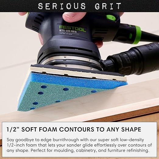 Serious Grit - 3" x 5" (80x133mm) Foam Sanding Pads - P120-150 Medium Finish Grit - 1/2" Thick Low Density Foam - Hook & Loop - Fits Festool RTS 400 & Mirka DEOS 3x5 Sanders ??Made in USA ??10 Pack