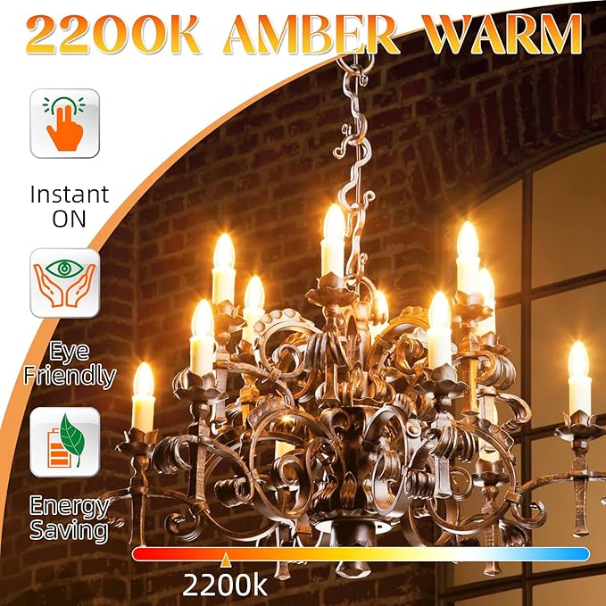 Candelabra Light Bulbs 40 watt Equivalent, E12 LED Bulb Non-Dimmable B10 LED Candle Bulb, 2200K Amber Warm, LED Chandelier Bulb, 90+CRI, 400LM, Amber Glass Finish, 24 Pack
