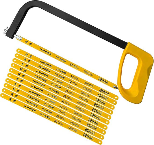12in. High-Tension Hacksaw Frame with 10pcs 32TPI Extra Bi-metal Blades, Hand Saw Suitable for Metal, wood, PVC, Carpentry