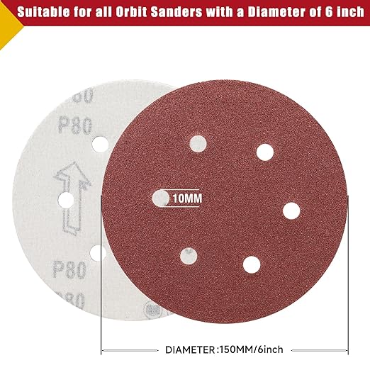 100 PCS 6 Inch Sanding Discs 180 Grit, 6 Hole Hook and Loop Sandpaper, Round Orbital Sand Paper Discs for Sander