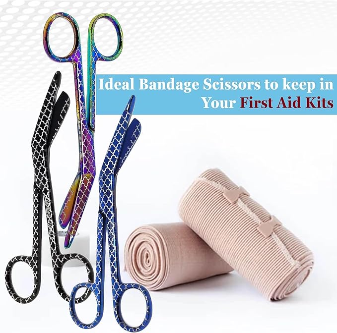 Set of 3 Assorted Pattern Nurse Doctor EMT Lister Bandage Scissors 5.5" (14cm), Stainless Steel, Premium Quality-Ideal Gift (PK13)